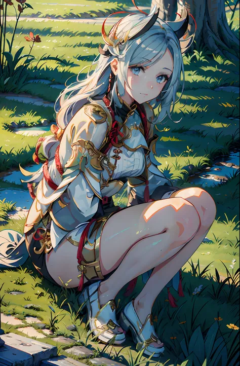 anime girl sitting on the ground in a grassy area, Kushatt Krenz Key Art Women, Detailed digital anime art, trending on artstation pixiv, highly detailed exquisite fanart, clean and meticulous anime art, beautiful anime girl crouching, Portrait Chevaliers ...