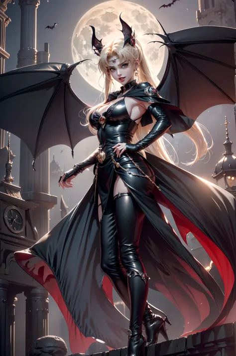 Female vampire in sexy leather armor，（Open your mouth，Showing vampire fangs，(poison fangs:1.2),(teeth:1.1) Vampire mouth），Sharp teeth，（Vampire skin is super fair and smooth）、（In the background is a classical western castle，Stone castle，High bell tower，Squa...