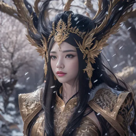 16k（tmasterpiece，k hd，hyper HD，16k）Long flowing black hair，Gold jewelry area in the back room，King Girl ，Silver Dragon Protector （realisticlying：1.4），Python pattern robe，Purple-pink tiara，Snowflakes fluttering，The background is pure，Hold your head high，Be ...