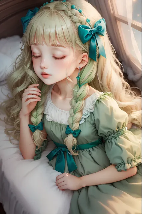 Princess　A Princess　Soft　Good style best quality(Highest Quality) , High quality(hiquality)　of soft hair　Green fluffy dress blonde　bow ribbon　Braids The whole body is reflected Very delicate tone and good atmosphere　Are sleeping