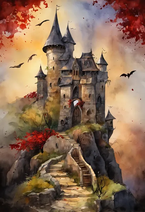 Best quality, Masterpiece, 超高分辨率, (photograph realistic:1.4), surrealism, Dream-like,fusionart, Shadowdancer, shadow magic,Red-eyed, Black-haired vampire，Dilapidated castle in the background