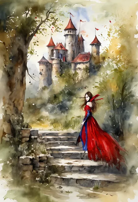 Best quality, Masterpiece, 超高分辨率, (photograph realistic:1.4), surrealism, Dream-like,fusionart, Shadowdancer, shadow magic,Red-eyed, Black-haired vampire，Dilapidated castle in the background