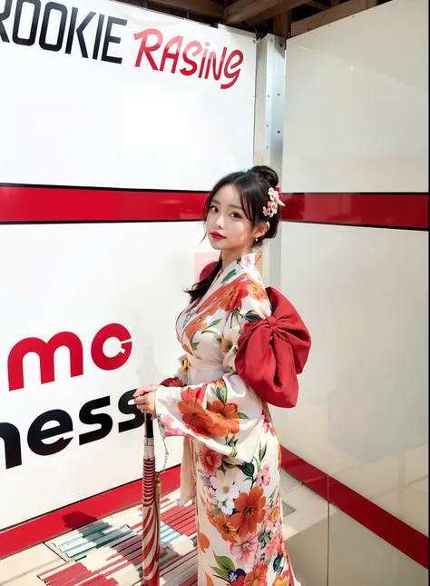 woman in a kimono dress standing in front of a no mess sign, in kimono, kimono, wearing kimono, in a kimono, japanese kimono, wearing a kimono, aoshima chiho, wearing royal kimono, kiko mizuhara, red kimono, 🤬 🤮 💕 🎀, classic kimono, by Torii Kiyomoto, by M...