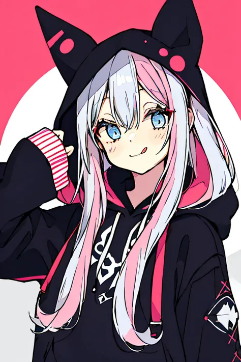 1girl, solo, hood, blue eyes, tongue, tongue out, long hair, long sleeves, bangs, hood up, black hoodie, arm up, upper body, mul...