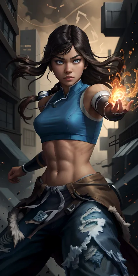 zendaya like korra, sightly muscled, messy hair, full body, beautiful anime waifu style girl,hyperdetailed painting, luminism, a...