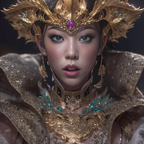 16k（tmasterpiece，k hd，hyper HD，16k）short detailed hair，Gold jewelry area in the back room，Smoke ring girl ，Bronze Dragon Protector （realisticlying：1.4），Python pattern robe，Purple-pink tiara，Snowflakes fluttering，The background is pure，Hold your head high，B...