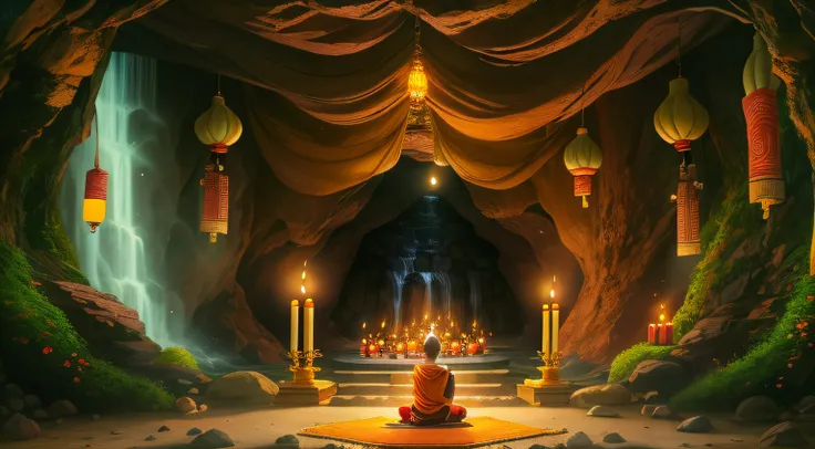 a person sitting in a cave with candles lit up, hindu stages of meditation, monk meditate, meditating, a mystical temple, praying meditating, buddhist monk meditating, glowing temple in the distance, floating in a powerful zen state, buddhism, meditation, ...