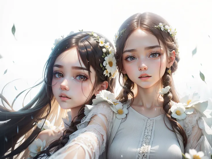 2 girls, white dresses, with long coiled hair， Brown hair, Beautiful face, rain, Masterpiece, intricately details, Perfect anatomy, Facial and body details.surrounded by flower