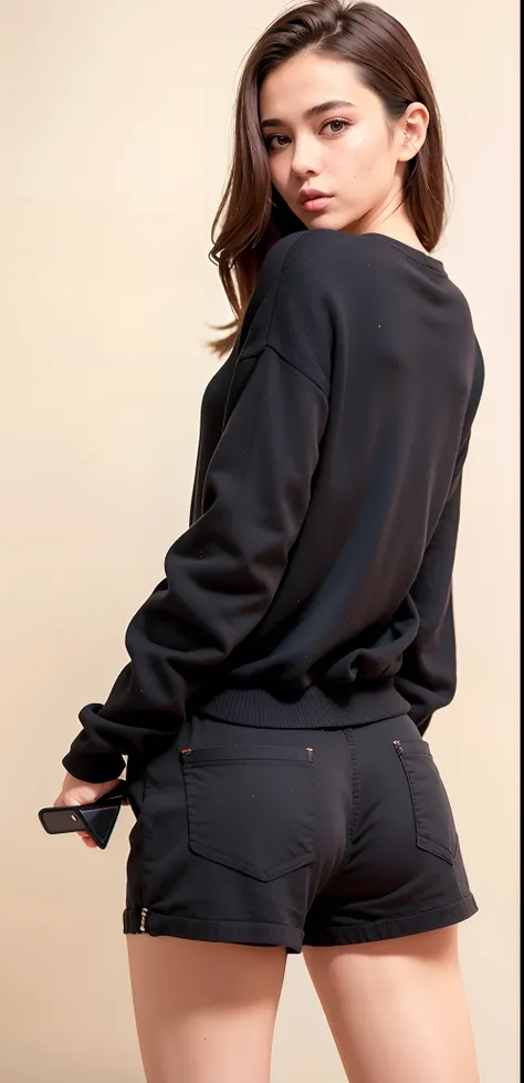 uma mulher linda de moletom preto e shorts posando para uma foto, black sweater, manga larga cropped, tampo preto, metade superior do corpo, camisa preta da gola da tartaruga, back view also, corpo inferior close up, olhando para o lado, designed for cozy ...