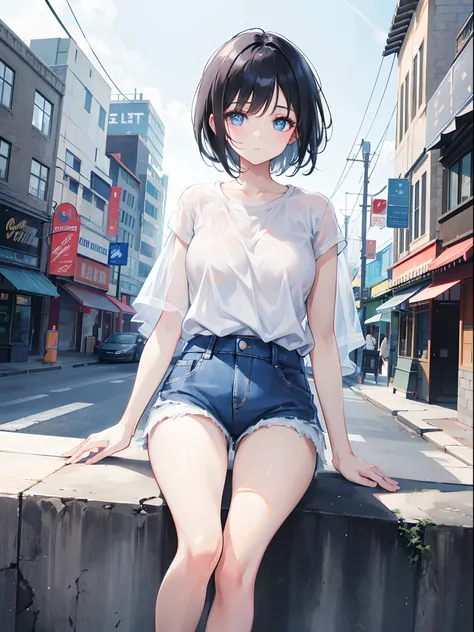 1girl, Short Black Hair, Blue Eyes, Wearing Plain White Shirt, Denim Shorts, City, Absurdres, High Res, Ultrasharp, 8K, Masterpiece. Looking At Viewer, 8k