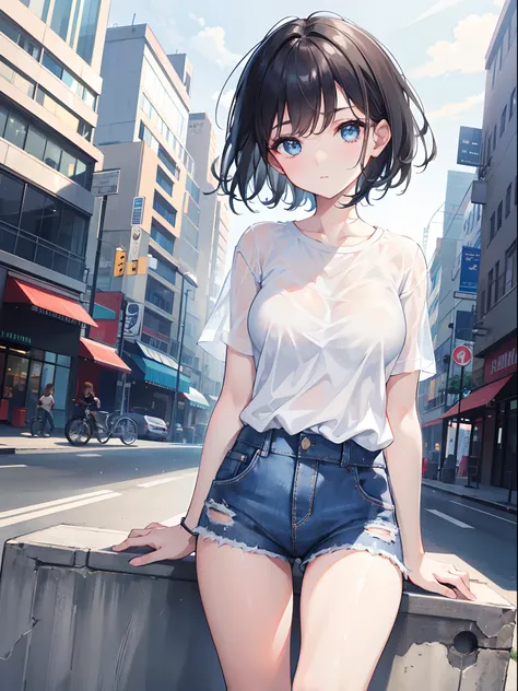 1girl, Short Black Hair, Blue Eyes, Wearing Plain White Shirt, Denim Shorts, City, Absurdres, High Res, Ultrasharp, 8K, Masterpiece. Looking At Viewer, 8k