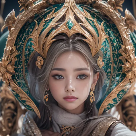 16k（tmasterpiece，k hd，hyper HD，16k）short detailed hair，Gold jewelry area in the back room，Smoke ring girl ，Bronze Dragon Protector （realisticlying：1.4），Python pattern robe，Purple-pink tiara，Snowflakes fluttering，The background is pure，Hold your head high，B...