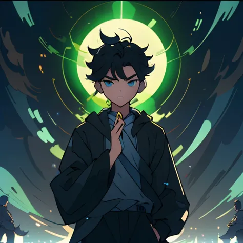 ，（tmasterpiece：1.2），best qualityer，PIXIV，Taoist， Standing in front of the green light thousand hands Guanyin, a boy wearing a black sweatshirt with short black hair，cleanness，