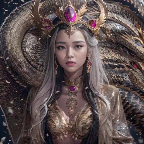 16k（tmasterpiece，k hd，hyper HD，16k）short detailed hair，Gold jewelry area in the back room，Smoke ring girl ，Bronze Dragon Protector （realisticlying：1.4），Python pattern robe，Purple-pink tiara，Snowflakes fluttering，The background is pure，Hold your head high，B...