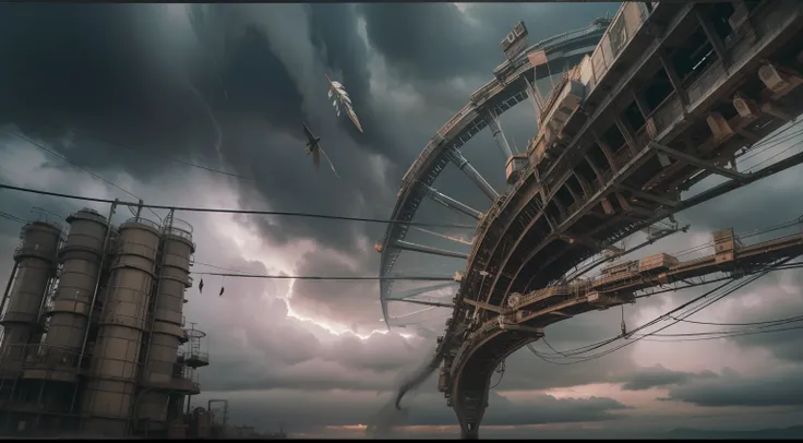 Severely distorted, The gloomy sky gradually darkened, A bizarre object composed of twisted feathers/Machinery/pipelines/Rusty components float in the air, extra detail, 4kHD details, Best resolution, Surrealist composition, Extreme camera angles, Motion b...