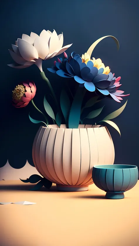 There is a blue bowl，There are a lot of flowers on it, Japan pottery, Chinese traditional landscape painting，（Chinese landscape painting：1.3，）Paper creation，3D立体渲染，（The color gradient varies from white to light blue：1.5），（The background is cyan：1.2）Simple ...