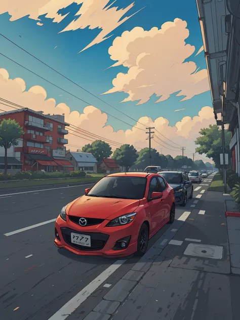 best quality, anime style, high highway background, Mazda2, Mazda2,