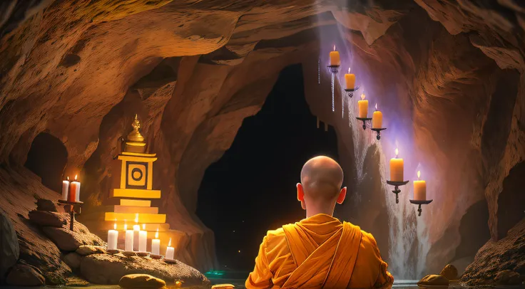 a person sitting in a cave with candles lit up, hindu stages of meditation, monk meditate, meditating, a mystical temple, praying meditating, buddhist monk meditating, glowing temple in the distance, floating in a powerful zen state, buddhism, meditation, ...