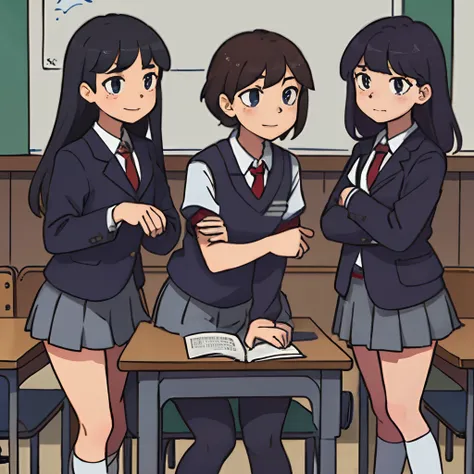 Three girls，Point ahead，A mocking expression，despise，despised，disdain，In the classroom