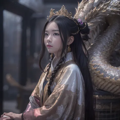 32K（tmasterpiece，k hd，hyper HD，32K）Long flowing black hair，Gold jewelry area in the back room，Smoke ring girl ，Bronze Dragon Protector （realisticlying：1.4），Python pattern robe，Purple-pink tiara，Snowflakes fluttering，The background is pure，Hold your head hi...