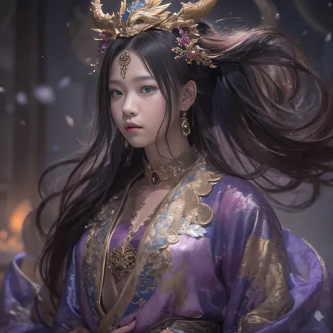 32K（tmasterpiece，k hd，hyper HD，32K）Long flowing black hair，Gold jewelry area in the back room，Smoke ring girl ，Bronze Dragon Protector （realisticlying：1.4），Python pattern robe，Purple-pink tiara，Snowflakes fluttering，The background is pure，Hold your head hi...