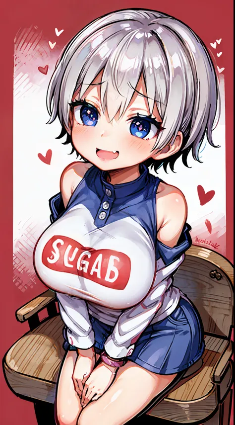 Uzaki Hana ，（A white border around a red rectangular background：2.5），Sitting down，Split legs，head looking up，E-cup，Superskirt，whitesweater，Evil smile,High detail,ahegao face,Moles under eyes, Heart-shaped pupils，Love pupils，cropped shoulders，Lots of hearts...