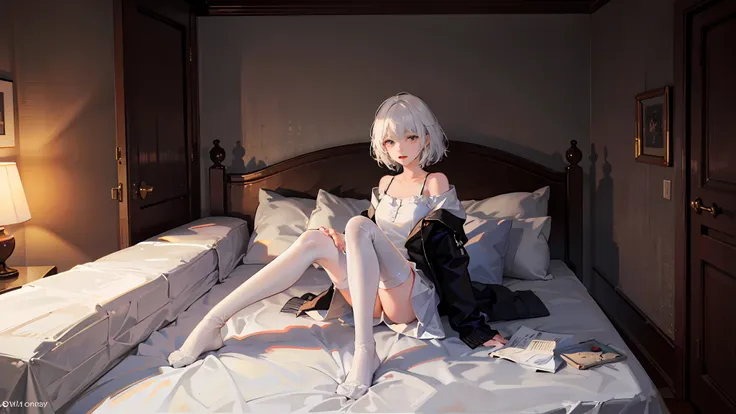 Full body bedroom，onbed，Girl with short white hair spreads her legs in dimly lit bedroom，white stockings，Cover your mouth with your hands，Messy hair，Long hair scattered on the bed，Juice，unwear，saliva