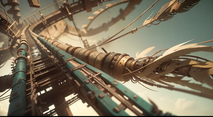 Severely distorted, The clear morning sky faded away, A bizarre object composed of twisted feathers/Machinery/pipelines/Rusty components float in the air, Steel strings are intertwined, extra detail, 4kHD details, Best resolution, Surrealist composition, E...