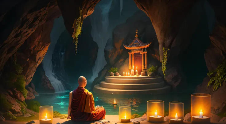 a person sitting in a cave with candles lit up, hindu stages of meditation, monk meditate, meditating, a mystical temple, praying meditating, buddhist monk meditating, glowing temple in the distance, floating in a powerful zen state, buddhism, meditation, ...