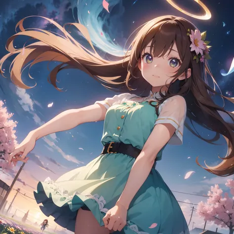 1girl, solo, super fine illustration, an extremely delicate and beautiful, best quality, young girl of about 10 years old, long flowing chestnut brown hair with highlights, large bright green eyes filled with wonder, wearing a flowing pastel-colored dress ...