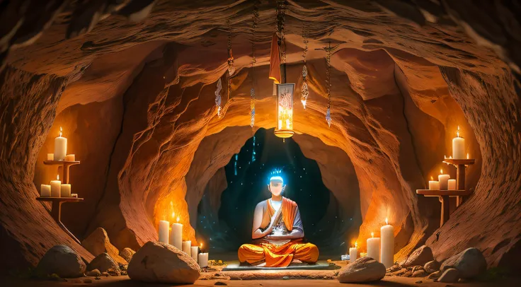 a person sitting in a cave with candles lit up, hindu stages of meditation, monk meditate, meditating, a mystical temple, praying meditating, buddhist monk meditating, glowing temple in the distance, floating in a powerful zen state, buddhism, meditation, ...