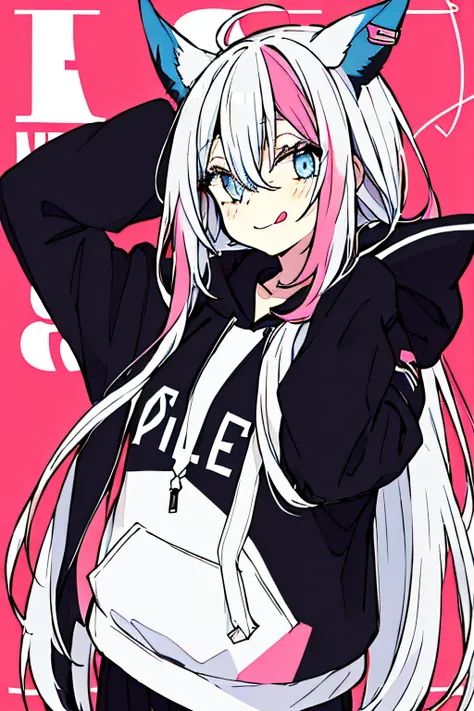 1girl, solo, hood, blue eyes, tongue, tongue out, long hair, long sleeves, bangs, hood up, black hoodie, arm up, upper body, multicolored hair, looking at viewer, white hair, hair between eyes, puffy long sleeves, hoodie, puffy sleeves, pink hair, drawstri...