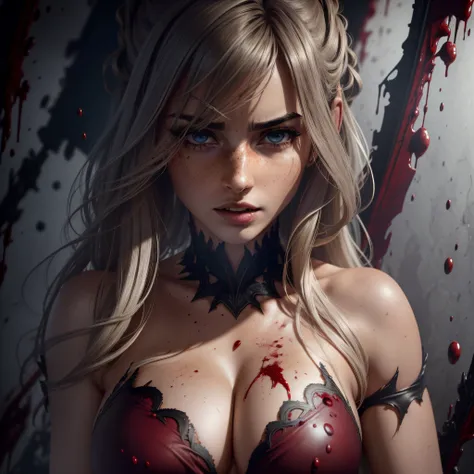 (masterpiece, maximum detail, uhd, 8k, highest resolution, shallow depth of field), ((ana de armas, vampire)), maroon blood leaking on her body, thick white hair, breasts covered with maroon blood, stern facial expression, shes showing her vampire teetch, ...