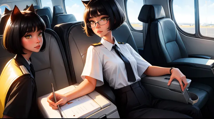 1girl, short black bob hair, yellow eyes, Round glasses, mixed skin, petite body, wearing plain white formal work shirt, wearing long black pants, airplane,business tie, absurdres, high res, ultrasharp, 8k, masterpiece, looking at viewer, cat ears, airline...