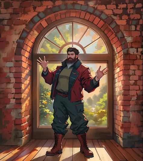 A bearded man in a red jacket and pants stands in front of a window with outstretched arms, full body character concept, full body concept, detailed full body concept, The room has a window overlooking the garden, brown brick walls, warm lighting, backgrou...