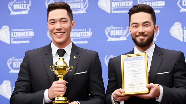 Make a photo of a man smiling and holding a trophy, the trophy says "1st place loves the wrong person"