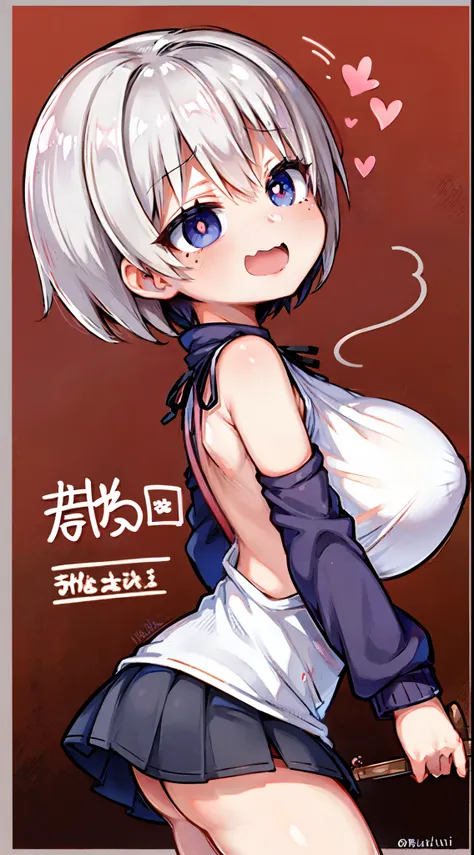 uzaki hana ，（A white border around a red rectangular background：2.5），Back view，Expose the back，huge tit，Superskirt，whitesweater，Evil smile,High detail,ahegao face,Moles under eyes, Heart-shaped pupils，Love pupils，cropped shoulders，Lots of hearts，Fleshy thi...