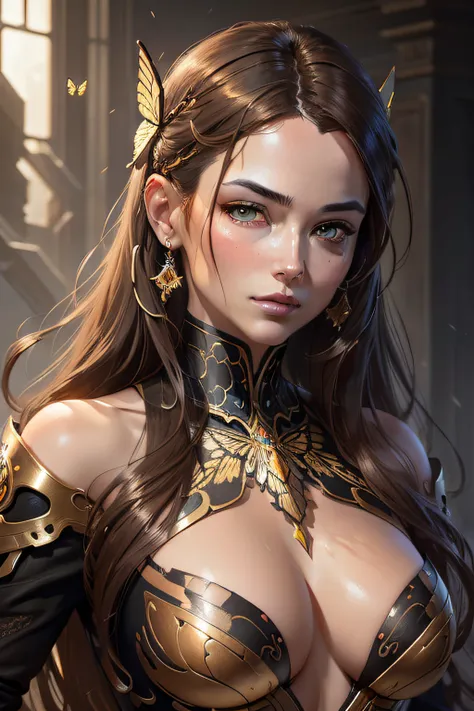 8k portrait of beautiful cyborg with brown hair, intricate, elegant, highly detailed, majestic, digital photography, art by artgerm and ruan jia and greg rutkowski surreal painting gold butterfly filigree, broken glass, (masterpiece, sidelighting, finely d...