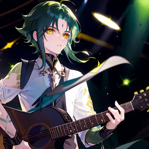 1boys，Dark green hair，Best quality at best，tmasterpiece，Extrem，yellow eyes，malefocus，beautidful eyes，On stage，plays the guitar