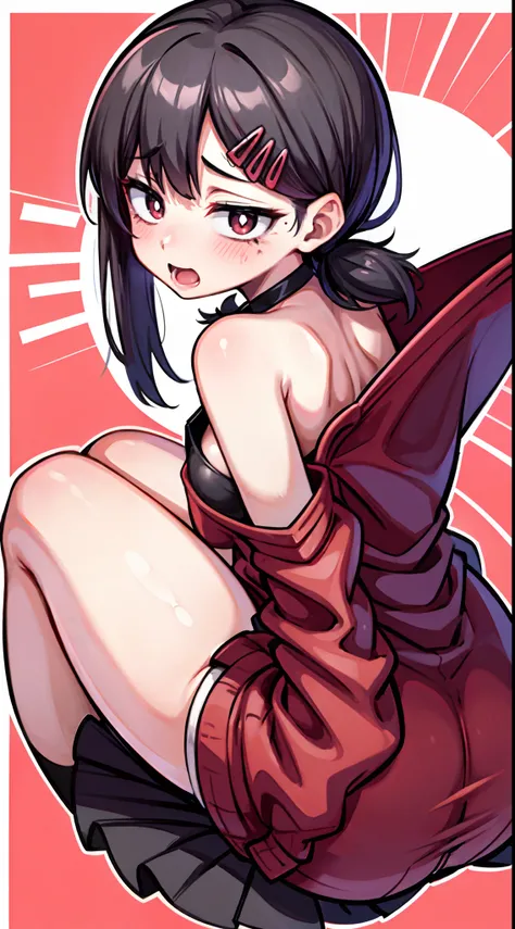 kobeni,（A white border around a red rectangular background：2.5），Back view，sitting down，Cocked buttocks，Bare back，huge tit，head looking up，Superskirt，whitesweater，ahegao face​,High detail,ahegao face,Moles under eyes, Heart-shaped pupils，Love pupils，cropped...