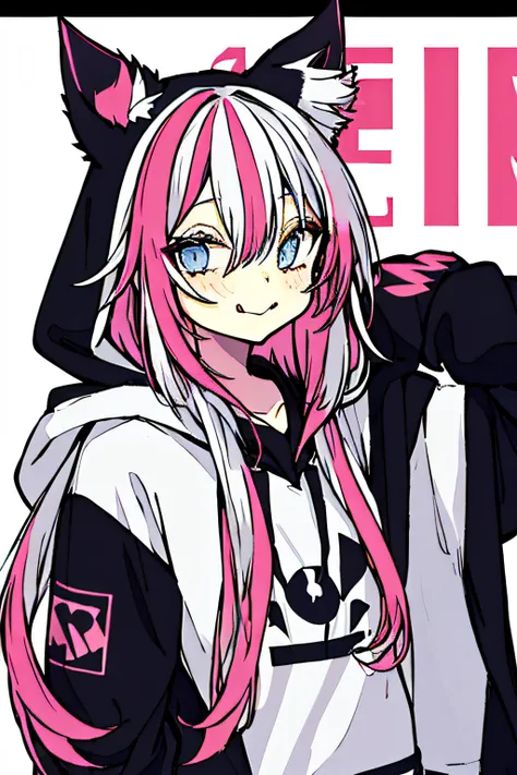 1girl, solo, hood, blue eyes, tongue, tongue out, long hair, long sleeves, bangs, hood up, black hoodie, arm up, upper body, mul...