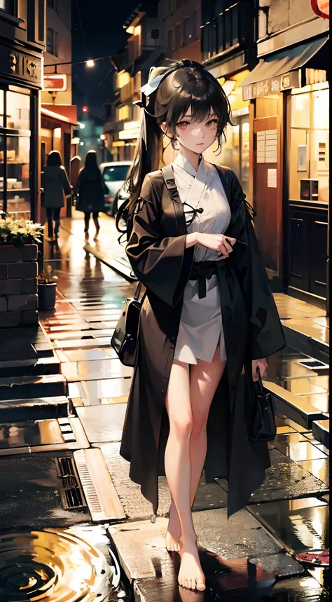 deep in the night，little bit of raining，bit girl，The expression is shy，Black hair with high ponytail，Wear Taoist costumes，Comfortable robe sleeves，Clothes hang down to the ankles，Loose collar，The placket is inlaid with delicate embroidery or patterns，Cloth...