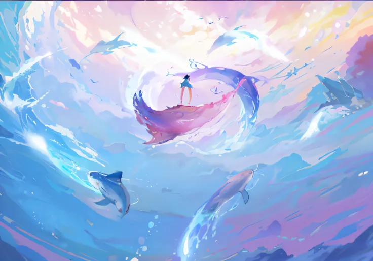 Anime - Style painting of a woman standing on a boat surrounded by dolphins, flying whale, sky whales, Makoto Shinkai Cyril Rolando, Inspired by Cyril Rolando, A beautiful artwork illustration, concept art magical highlight, wallpaper anime blue water, by ...