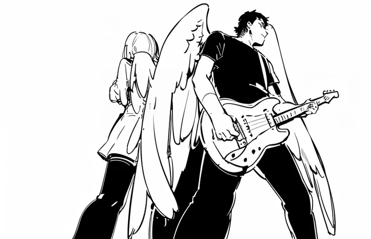 drawing of a man with a guitar and angel wings, guitarists, line art!!, concept piece, playing the guitar, swinging, sketch sket...