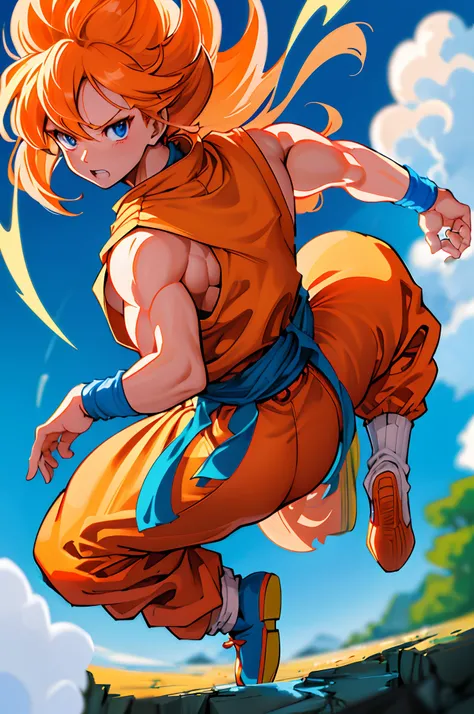 ((Orange doshi、Blue Compression Wear、orange pants、blue shoes、Blue band))、Super Saiyan、8 teeth are visible、Teeth visible and clenched、Brown tail、Beautiful breasts、Transverse breasts、​masterpiece, top-quality, The ultra -The high-definition, Top resolution, ...