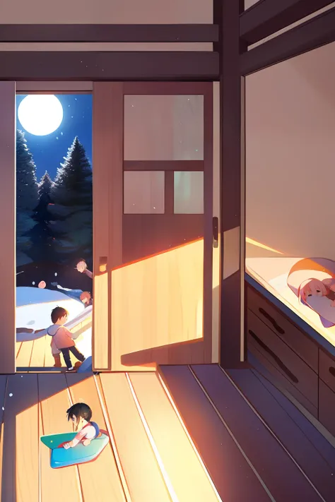 KIDS ILLUSTRATION，1boys，1girll，play，chase，wooden cabin，snowy days，light wind，Faraway view。