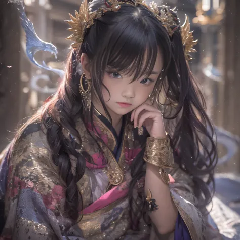 32K（tmasterpiece，k hd，hyper HD，32K）Long flowing black hair，Gold jewelry area in the back room，Smoke ring girl ，Bronze Dragon Protector （realisticlying：1.4），Python pattern robe，Purple-pink tiara，Snowflakes fluttering，The background is pure，Hold your head hi...