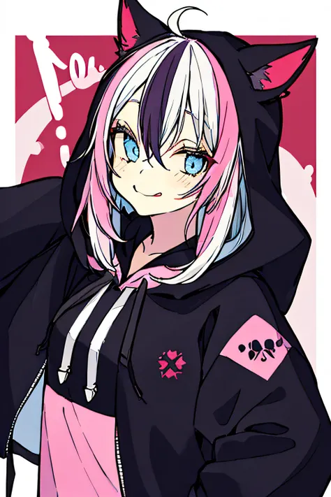 1girl, solo, hood, blue eyes, tongue, tongue out, long hair, long sleeves, bangs, hood up, black hoodie, arm up, upper body, multicolored hair, looking at viewer, white hair, hair between eyes, puffy long sleeves, hoodie, puffy sleeves, pink hair, drawstri...