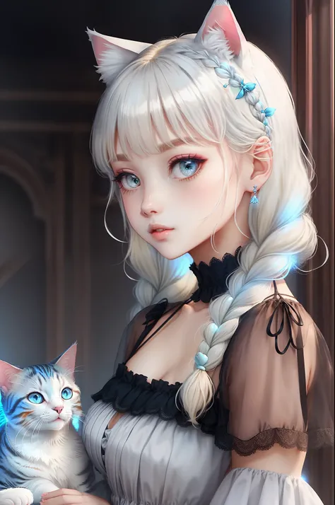 Princess　A Princess　Soft　Good style best quality(Highest Quality) , High quality(hiquality)　Soft hair light blue fluffy dress blonde　cat ear　Braids The whole body is reflected Very delicate tone and good atmosphere