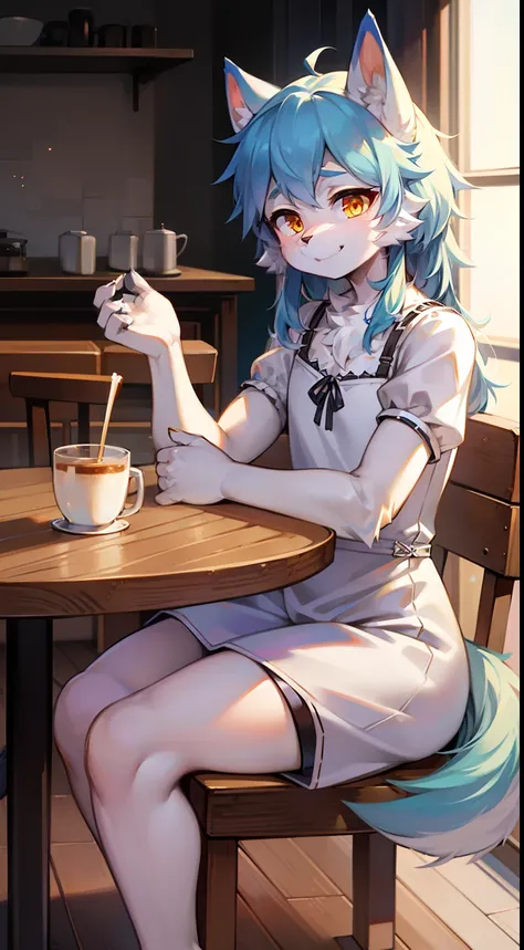 Cafe，full bodyesbian, Young Wolf, 人物, tmasterpiece，White dress, Furry tail, Highest image quality, 8K, Full HD background，Cartoony，adolable，male people，a plush，Furry，White fur，White body，Light blue ears，Orange-yellow eyes，thick eyebrow，Light smile，solo per...